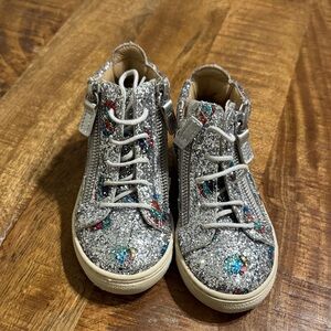 Giuseppe Zanotti Glittered Balloon Leather High-Top Sneakers in Silver, Size 24